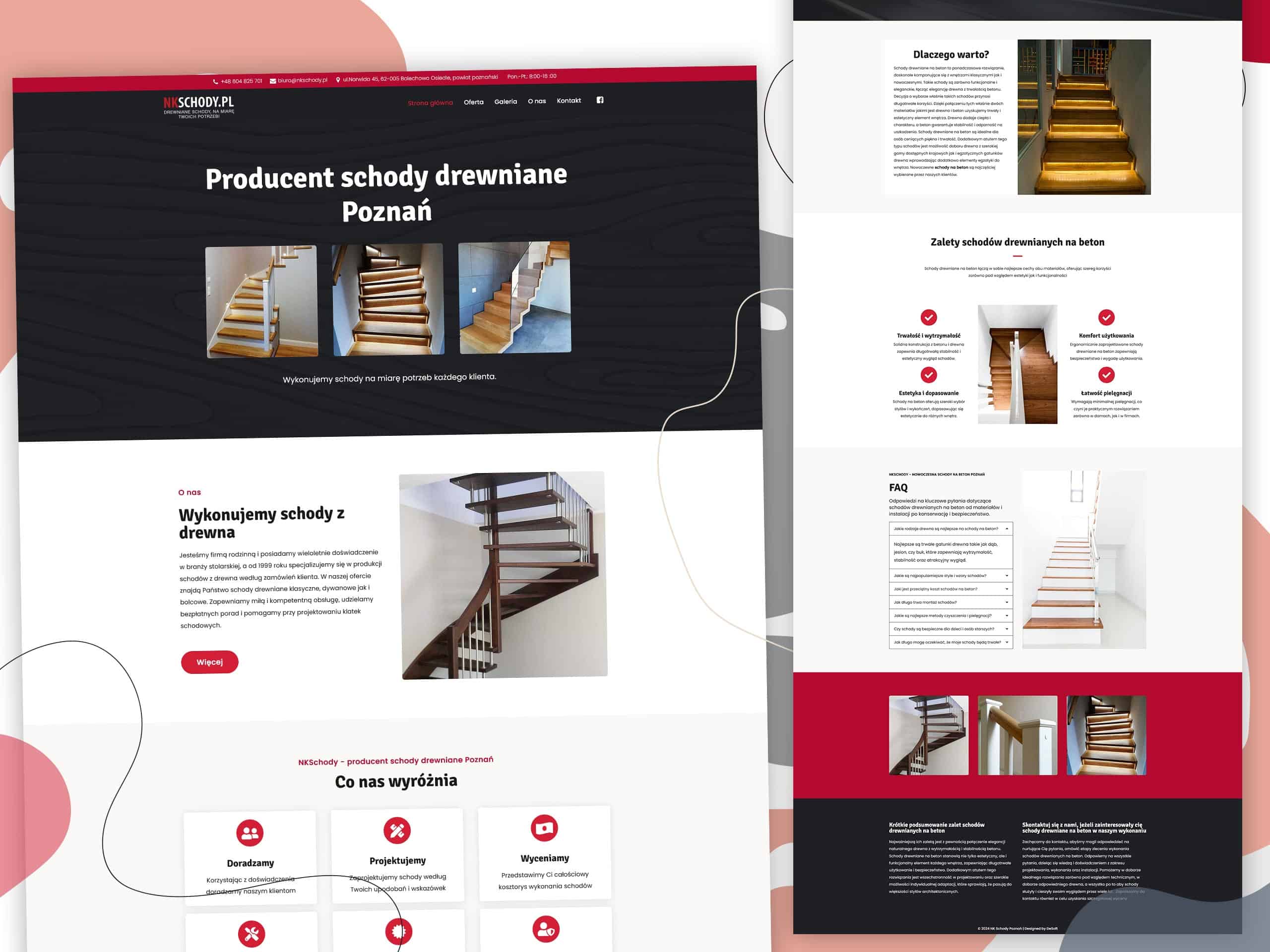 Projekt strony internetowej producenta schodów drewnianych z Poznania zawierający wizualizacje schodów oraz opisy usług.