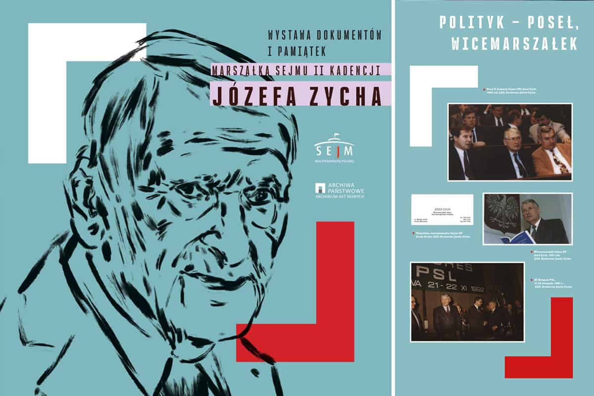 Plakat z portretem Józefa Zycha, szczegóły wydarzeń i zdjęcia z jego kariery politycznej.
