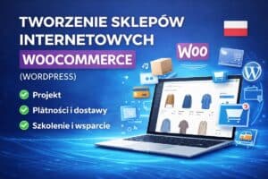 Grafika z polskim tekstem o tworzeniu sklepów WooCommerce, laptop z interfejsem sklepu i ikonami e-commerce.