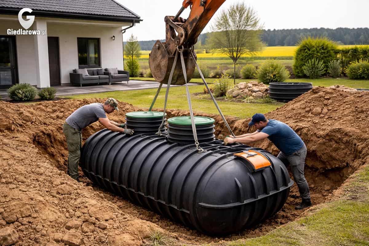 Pracownicy montują plastikowy zbiornik na deszczówkę w ogrodzie, możliwy z dotacji na deszczówkę.