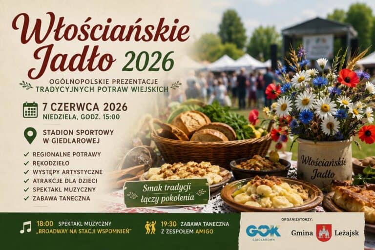 Plakat promujący Włościańskie Jadło 2026 - święto kuchni regionalnej w Giedlarowej, 7 czerwca 2026 r.