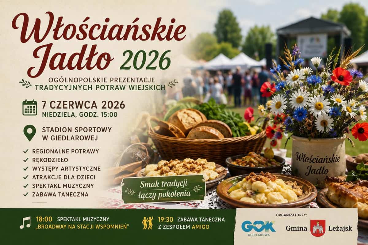 Plakat promujący Włościańskie Jadło 2026 - święto kuchni regionalnej w Giedlarowej, 7 czerwca 2026 r.