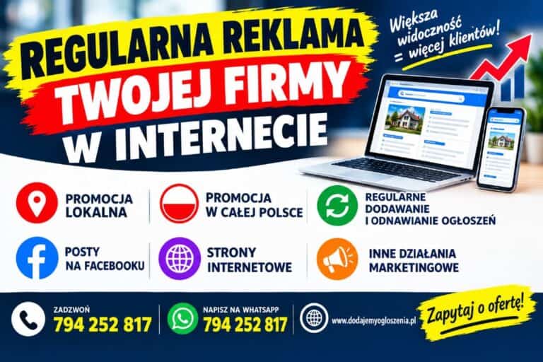 Polska reklama usług promocji firm w Internecie, ikony ogłoszeń, Facebooka, stron internetowych. Kontakt telefoniczny/WhatsApp.