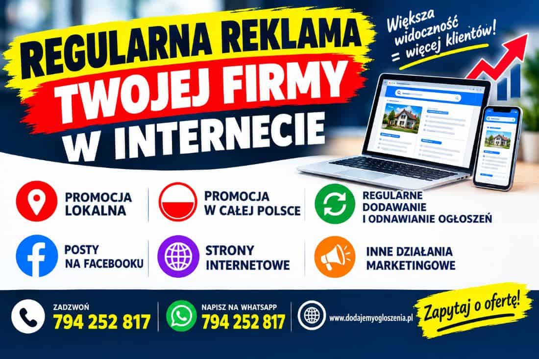 Polska reklama usług promocji firm w Internecie, ikony ogłoszeń, Facebooka, stron internetowych. Kontakt telefoniczny/WhatsApp.