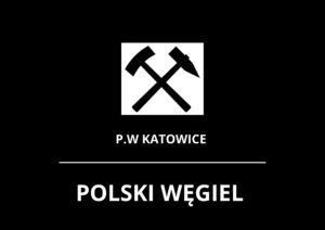 Logo: skrzyżowany młotek i kilof nad napisem „P.W KATOWICE” oraz pogrubionym napisem „POLSKI WĘGIEL”.