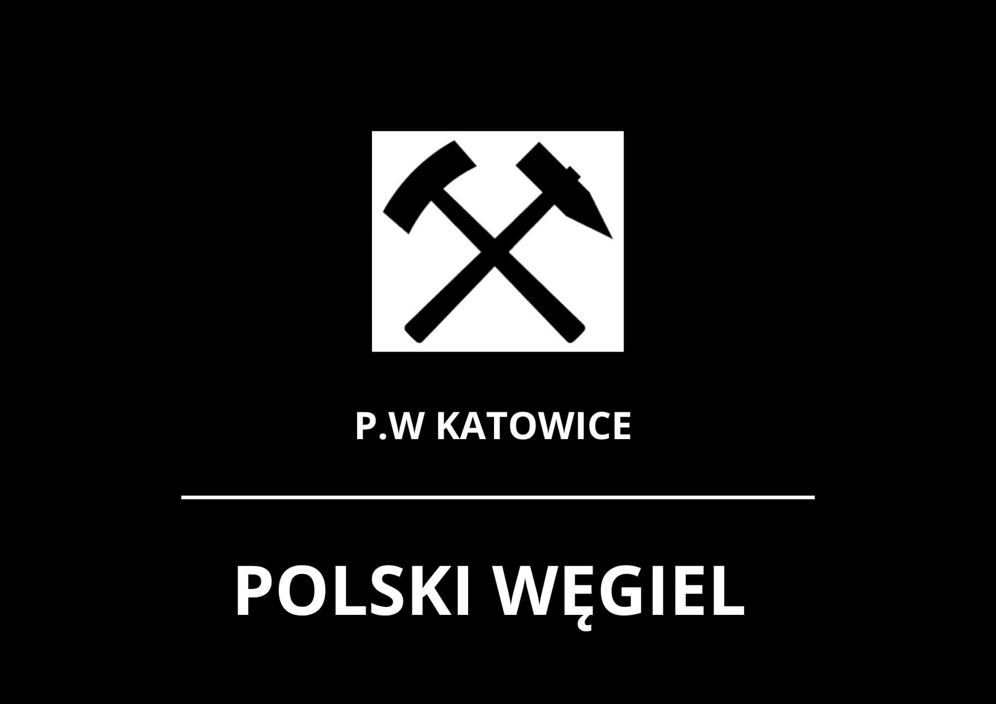Logo: skrzyżowany młotek i kilof nad napisem „P.W KATOWICE” oraz pogrubionym napisem „POLSKI WĘGIEL”.